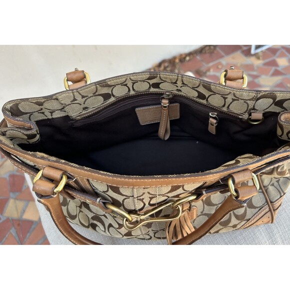 COACH 10508 Handbag Hampton Carrier Tassel Brown Canvas Leather Women Satchel - Picture 4 of 8